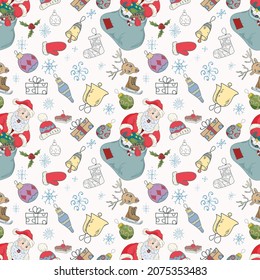 Seamless pattern illustration for decoration, packaging wrapper, Santa Claus with a bag of gifts among Christmas decorations