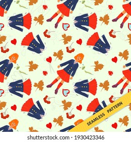 Nahtlose Mustergrafik, für die Dekoration verschiedener Designs, Hintergründe und Drucke im Dodle-Stil, kleines Mädchen-Teeny-Blue-Jacke Rot Rock, zufällig im Bild angeordnet
