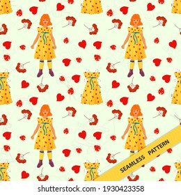 Seamless pattern illustration, for the decoration of various designs, backgrounds and prints in the style of doodle, a little teenage girl and a yellow dress are randomly arranged in the drawing