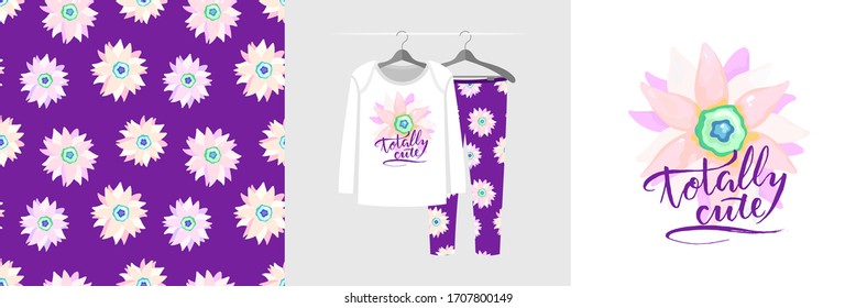 Seamless pattern and illustration with delicate chamomile and text Totally cute. Sweet design pajamas on the hanger. Baby background for clothes, room birthday decor, fashion tee print, wrapping