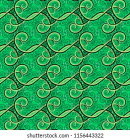 Seamless pattern illustration for design. Abstract kaleidoscope green, gray and violet background. Bright flower. Raster illustration.