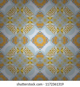 Seamless pattern illustration for design. Abstract kaleidoscope yellow, gray and blue background. Vector illustration. Bright flower.