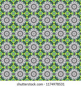 Seamless pattern illustration for design. Abstract kaleidoscope green, brown and gray background. Bright flower. Vector illustration.