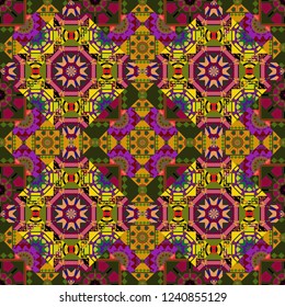 Seamless pattern illustration for design. Abstract kaleidoscope orange, green and gray background. Bright flower. Vector illustration.