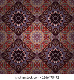 Seamless pattern illustration for design. Abstract kaleidoscope purple, red and brown background. Bright flower. Vector illustration.