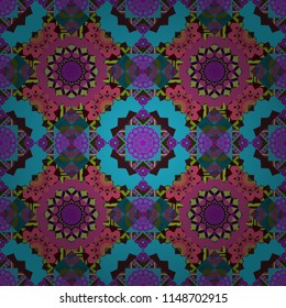 Seamless pattern illustration for design. Bright flower. Abstract kaleidoscope blue, magenta and brown background. Vector illustration.