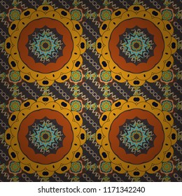 Seamless pattern illustration for design. Bright flower. Abstract kaleidoscope green, yellow and orange background. Vector illustration.