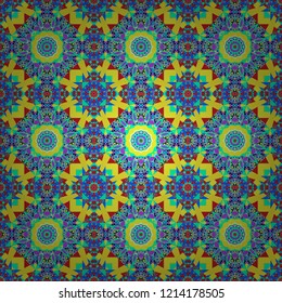 Seamless pattern illustration for design. Bright flower. Abstract kaleidoscope green, violet and orange background. Vector illustration.