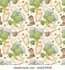 seamless pattern illustration, for design on the Irish theme of St. Patrick's day in the style of Doodle, various drawings related to the national holiday, the background can be replaced, 