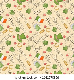 seamless pattern illustration, for design on the Irish theme of St. Patrick's day in the style of Doodle, various drawings related to the national holiday, the background can be replaced, 