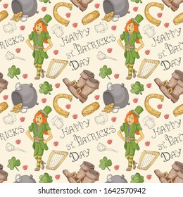 seamless pattern illustration, for design on the Irish theme of St. Patrick's day in the style of Doodle, various drawings related to the national holiday, the background can be replaced, 
