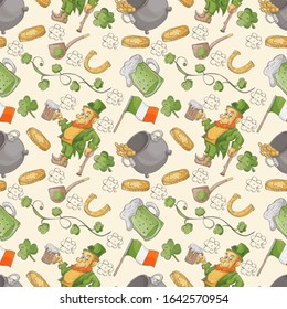 seamless pattern illustration, for design on the Irish theme of St. Patrick's day in the style of Doodle, various drawings related to the national holiday, the background can be replaced, 