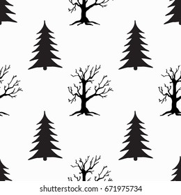 Seamless pattern. Illustration for design, packaging, printing, fabric, websites, postcards. Tree and tree branches. Silhouettes on a white background.