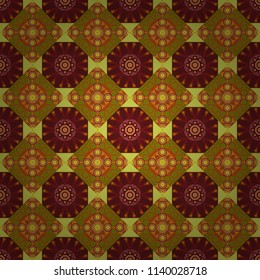 Seamless pattern illustration for design. Vector illustration. Bright flower. Abstract kaleidoscope orange, red and brown background.