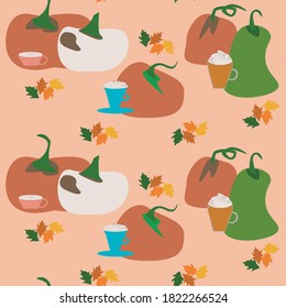 Seamless pattern illustration of different pumpkins, coffee, latte, and fall leaves