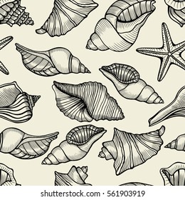 Seamless pattern illustration with different sea shells