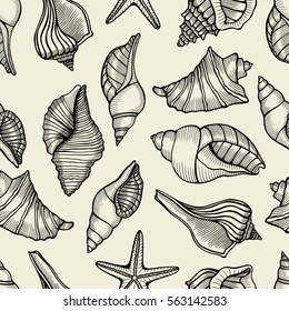 Seamless pattern illustration with different sea shells