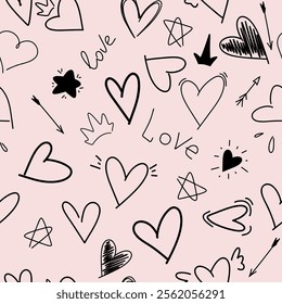Seamless pattern, illustration of different shapes of hearts, arrows, crowns, hand-drawn with a black line, marker, doodle style, comic. Decorative romantic pattern for holidays, Valentines, weddings