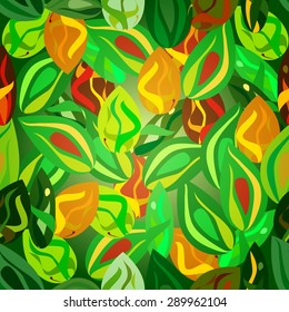 a seamless pattern illustration of different shapes, shades of green and orange colors leaves