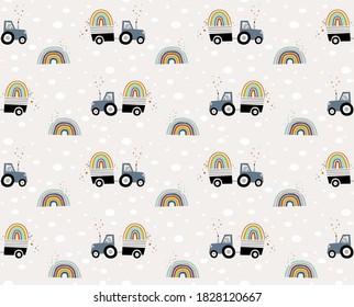 Seamless pattern. Illustration of the dinosaur on the tractor carrying a rainbow