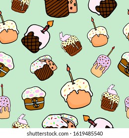 Seamless pattern with illustration of diverse easter cakes. Holiday sweet food. Colorful sweet cake. Perfect for invitations, cards, prints, flyers, posters.