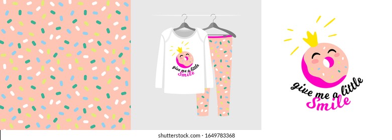 Seamless pattern and illustration with Donut, quote Give me a little smile. Cute design pajamas on hanger. Baby background for clothes, birthday decor, fashion t-shirt print, invitation card, wrapping