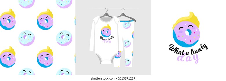 Seamless pattern and illustration with Donut, quote What a lovely day. Cute design pajamas on hanger. Baby background for clothes, birthday decor, fashion t-shirt print, invitation card, wrapping