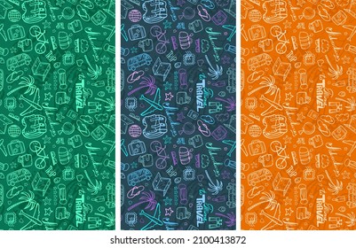 seamless pattern of illustration with doodleson the theme of time for travel. Colorful background on the theme of adventure and travel, wandering