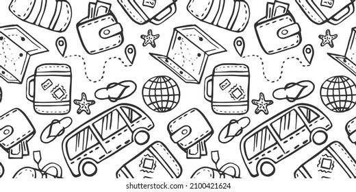 seamless pattern of illustration with doodleson the theme of time for travel. Colorful background on the theme of adventure and travel, wandering