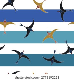 Seamless pattern illustration drongo (swallow) in stripy sky background. Perfect for nature and garden lovers for fabric, scrapbook, wallpaper projects.