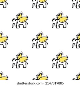 Seamless pattern with Illustration elephant with wings a doodle style black yellow color on white background