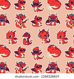 Seamless pattern with Illustration Emoji characters cartoon dragon dinosaur laughs sticker emoticon