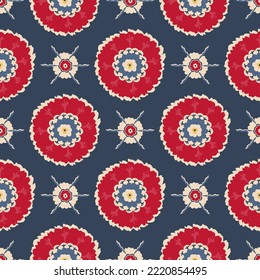 Seamless pattern illustration of ethnic floral red medallions on blue background. Surface design element in repeating square tile.