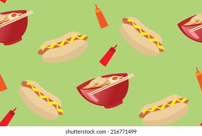 seamless pattern illustration of everyday food ramen and hot dog