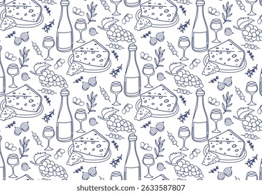 A seamless pattern illustration featuring cheese, wine bottles, glasses, grapes, and figs, creating a culinary-themed design. Ideal for use in food-related projects or decor.