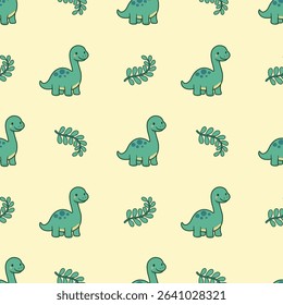 Seamless pattern illustration featuring a cute cartoon-style brontosaurus in green, set against a cream background with simple leaf elements.