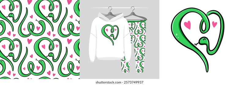 Seamless pattern and illustration featuring green snakes forming heart shapes surrounded by pink hearts. Baby background, cute design showcased on garments, best for t-shirt print, Valentine themes