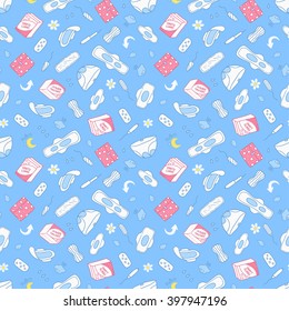 Seamless pattern illustration with feminine hygiene products. Tampons, pads, pantyliner. Menstrual protection.