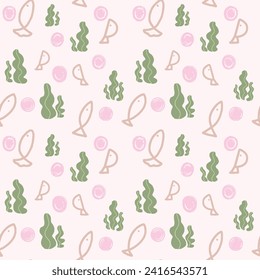 Ilustración de patrón sin foco de peces y algas marinas para niños temas en color rosa fondo