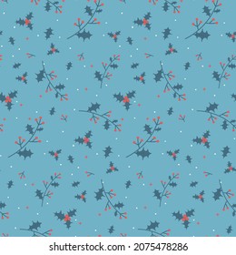Nahtloses Muster mit floralem Weihnachtsstern zur Illustration. Handgezeichnete Weihnachtsbeeren und Blätter auf blauem Hintergrund. Vorlage für eine fröhliche Weihnachtsgrußkarte.