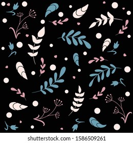 Seamless pattern with illustration of flowers, twigs, branches. Black background. Vector version. 