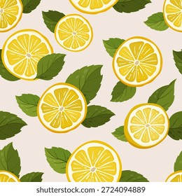 Ilustración de patrón sin fisuras con rodajas de limón fresco y hojas verdes en la vista superior. Repetir la composición plana con paleta de colores amarillo y verde brillante. Conveniente para el empaquetado de la comida y de la bebida, marca del verano, materias textiles, Fondos de pantalla, papel de embalaje, papelería, fondos del Web y diseño decorativo