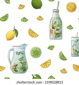 Patrón sin foco con ilustración de limonada fresca en jarra, botella, vidrio, limón, cal, trozo de fruta. Ilustración para el diseño de tela, textil, papel envolvente, diseño de barra-cafetería, postal.