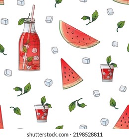 Seamless pattern with illustration of fresh watermelon juice in the bottle, slice of watermelon, mint leaves, ice, glass. Pattern for fabric design, textile, wrapping paper, cafe-bar design, card.