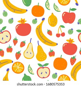 Seamless pattern with Illustration of fruits. Flat hand drawn background with healthy food. Organic farm products in sketch style. Isolated scandinavian items.