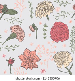 Seamless pattern. Illustration of garden flowers of carnations and dahlia. Floral design to create fabrics, textiles. Vintage. Vector.