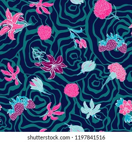 Seamless pattern. Illustration of garden flowers of carnations and dahlia. Floral design to create fabrics, textiles. Vintage. Vector.