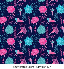 Seamless pattern. Illustration of garden flowers of carnations and dahlia. Floral design to create fabrics, textiles. Vintage. Vector.