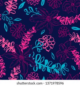 Seamless pattern. Illustration of garden flowers of clematis and Clivia. Floral design to create fabrics, textiles. Vintage.