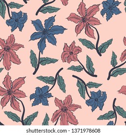 Seamless pattern. Illustration of garden flowers of clematis and Clivia. Floral design to create fabrics, textiles. Vintage.